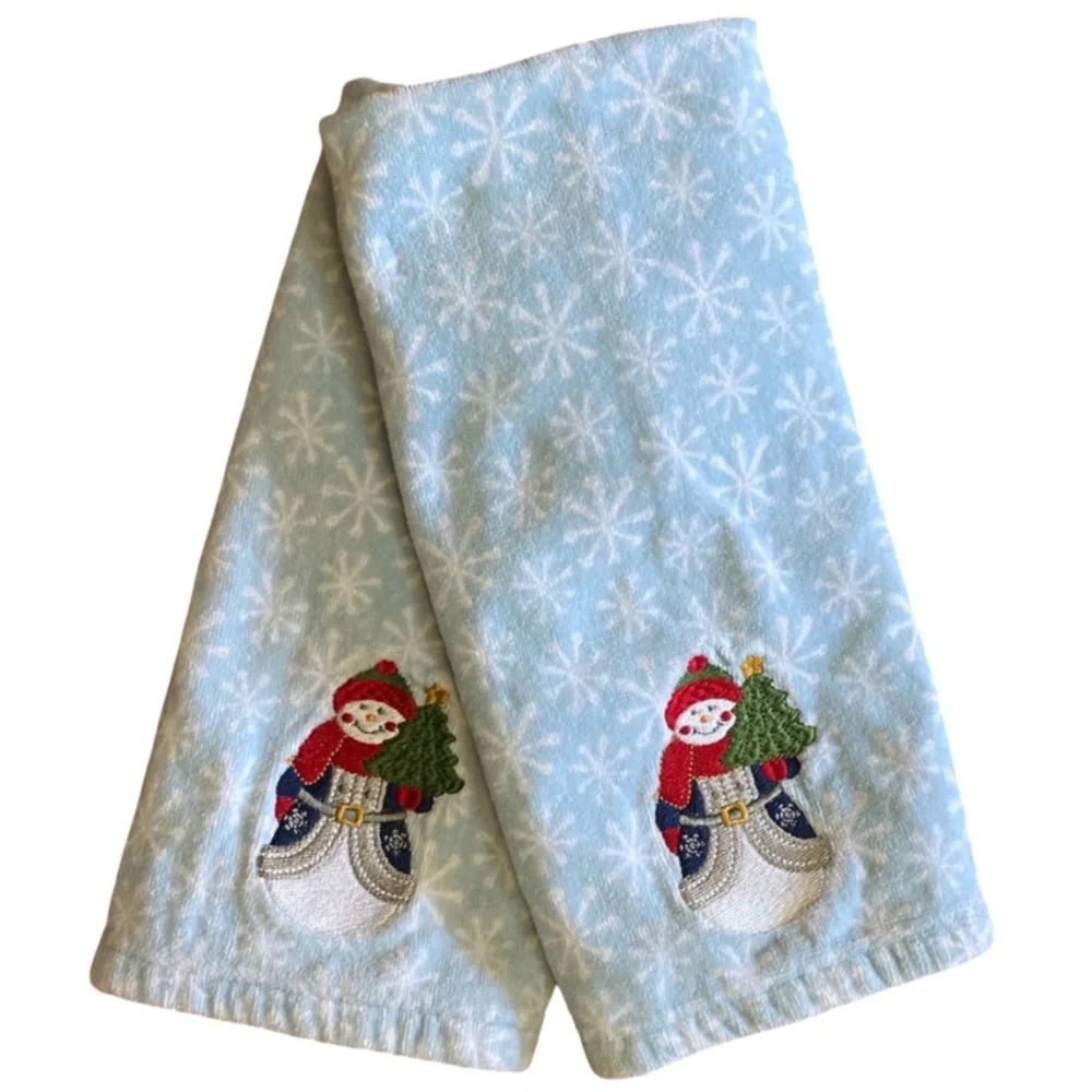 Jingles & Joy Embroidered Snowman Light Blue Hand Towels Set of 2